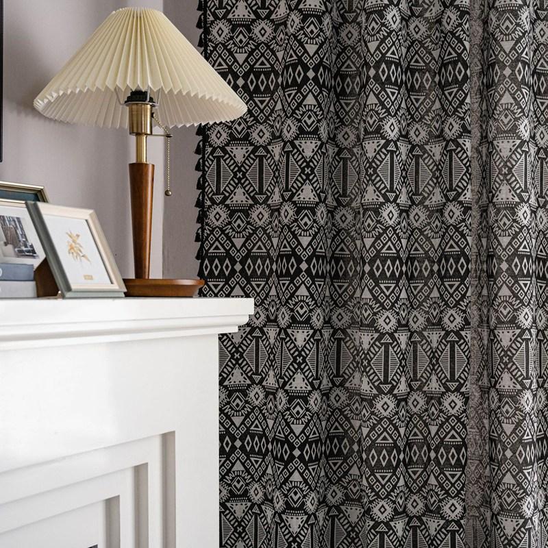 Bohemia Black Geometry with Tassels Curtain Thick Blackout Curtains for Living Room American Style Vintage Drape Kitchen Valance