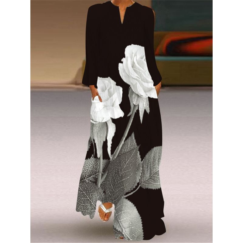 2025 Spring and Summer Fashion New Women's Retro Butterfly Print Long Dress Chiffon V Neck Long Sleeves Pocket Dress