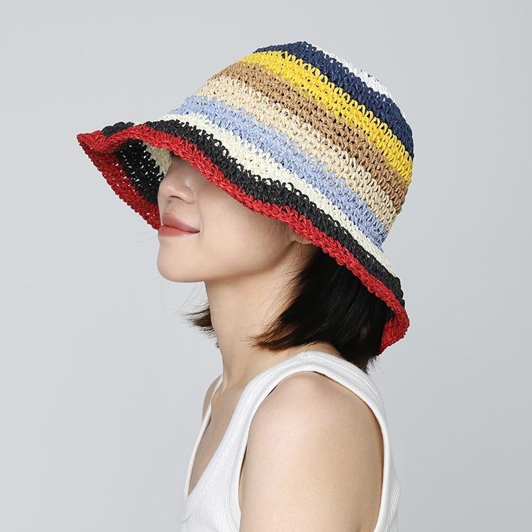 Rainbow Striped Straw Bucket Hat Women's Summer Breathable Sunscreen Face Small Sunshade Sun Hat Beach Fashion Straw Hat