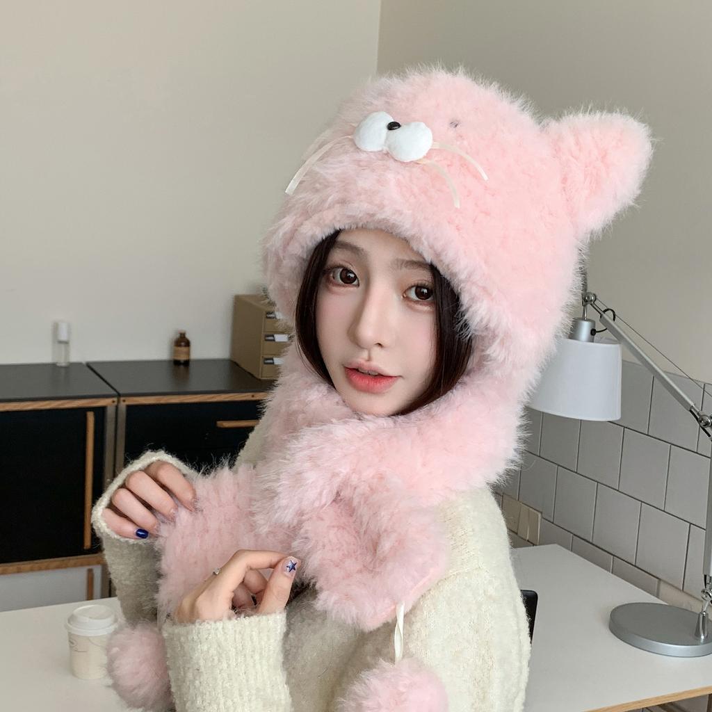 2-in-1 Bear Ears Plush Hat with Scarf Women Winter Warm Hooded Beanie Face Slimming Sweet Trapper Cap