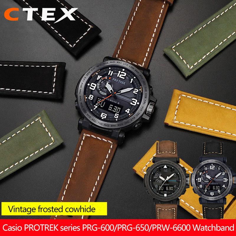 24mm Matný kožený řemínek na hodinky z hověziny, italský, pro sérii Casio PROTREK PRG-600/PRG-650/PRW-6600, náramek pro outdoorové sporty