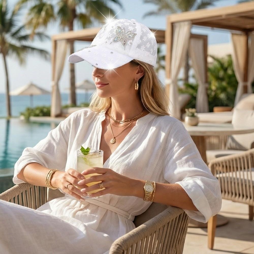 Lace Visors Cap Rhinestone Mesh Peaked Hat Breathable Flower Baseball Cap  Girls