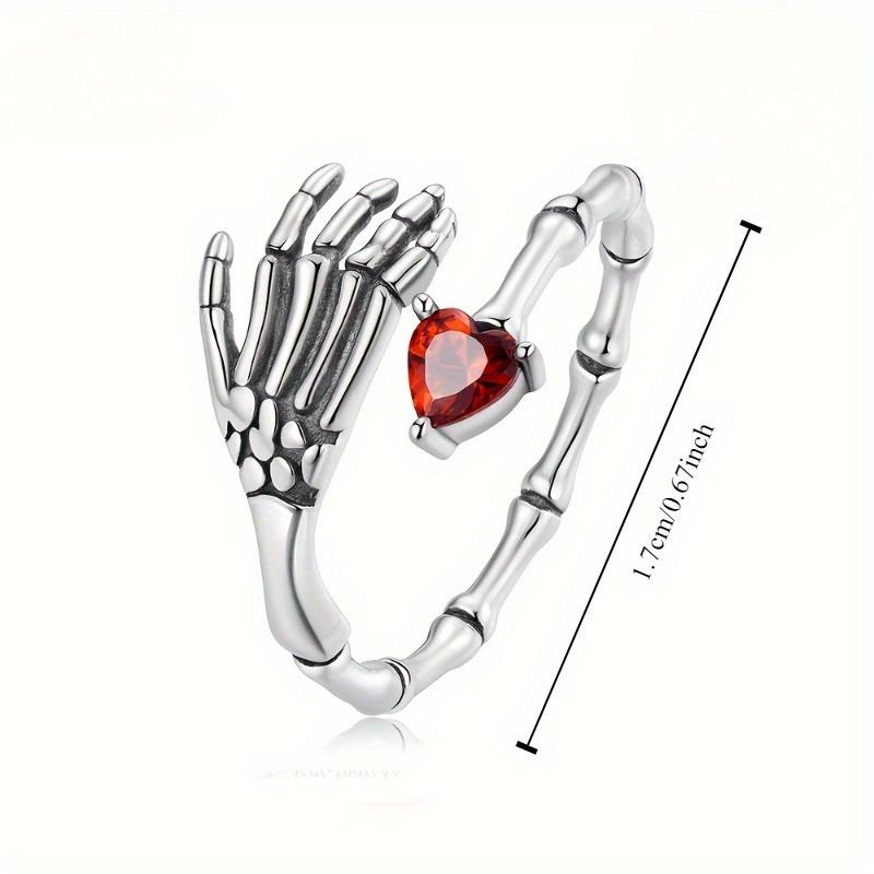 Fashion Zinc Alloy Skull Hand Red Heart Zirconia Ring Men and Women Hip Hop Halloween Party Accessories Opening Adjustable Jewellery