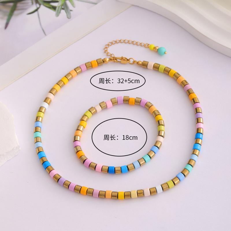 Trendy New Arrival Alloy Colorful Beaded Collarbone Necklace Beaded Chain Bracelet Jewelry Set for Women