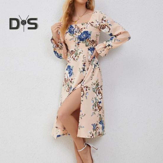 

Женское весеннее платье с квадратным вырезом, длинным рукавом, цветочным принтом, разрезом по низу, узкой талией, длиной до середины голени, плиссированными рукавами-фонариками на спине, миди-платье для поездок на работу S Flower