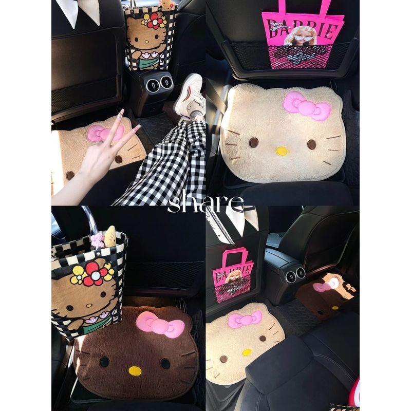 Cartoon Hello Kitty Car Floor Mats, Black Leather Interior Floor Mats for Both Driver and Passenger, Cute Cat Pillow and Backrest Cushion