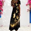 Women Plus Size V Neck Short Sleeve Floral Butterfly Printed Black Straight Long Dress