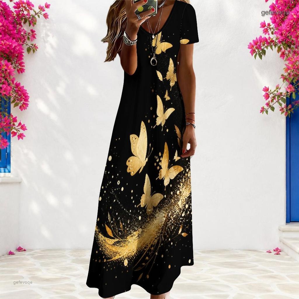 Women Plus Size V Neck Short Sleeve Floral Butterfly Printed Black Straight Long Dress