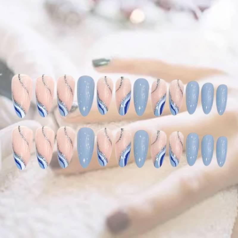 Almond-shaped Simple Wave Blue White French Spring And Summer New Product Fresh And Pure Wearable Nail Art Piece W12