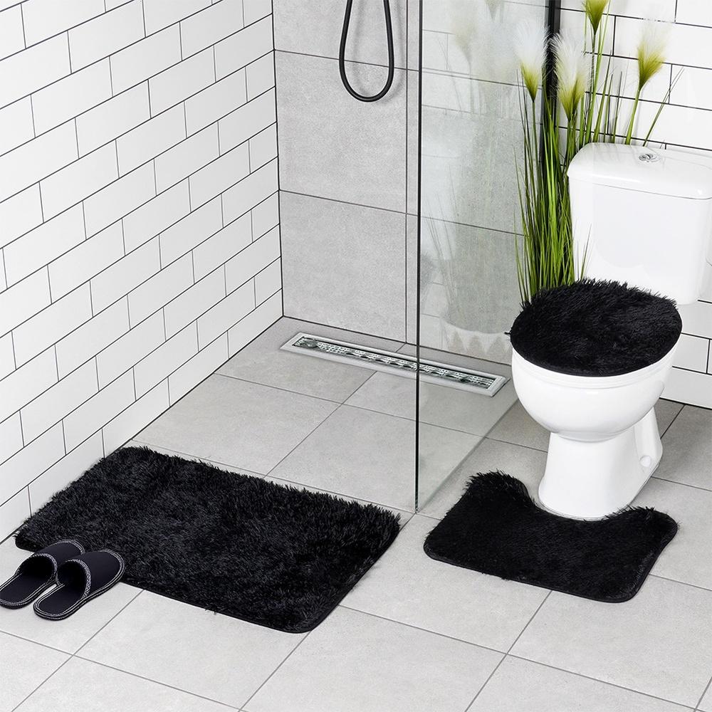 Bathroom Set Soft Shaggy Black Rug Cover for Bathroom Seat