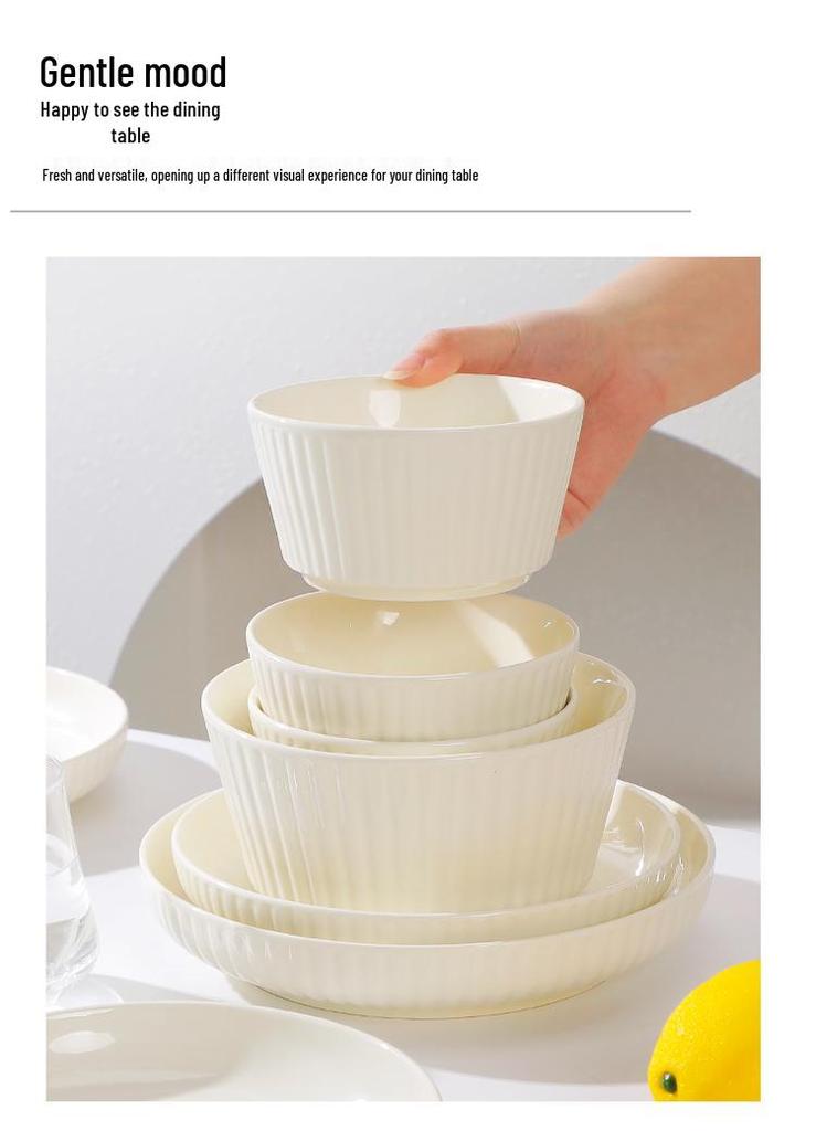 Japanese-Style Milk White Dishware Set: Creative Double-Handle Soup Bowl, Rice Bowl, Plate, and Vegetable Plate.