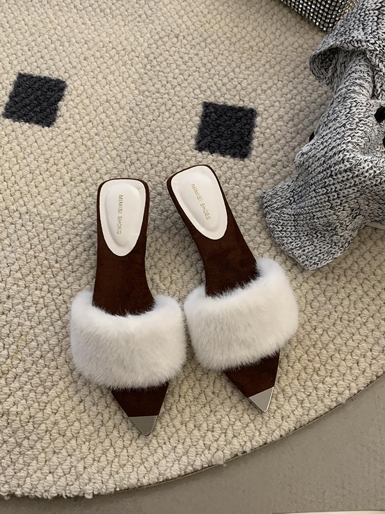 SUOJIA Fur Autumn New Women's Summer Beach Open Toe Slip On Slides Ladies Elegant Thin High Heel Dress Pumps Slides