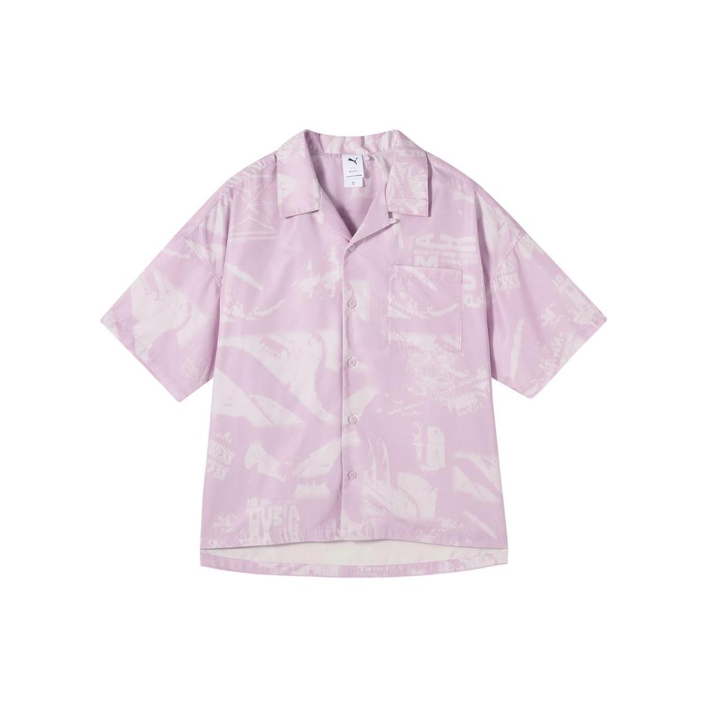Puma American Retro Print Logo All-Over Print Button-Up Shirt With Relaxed Fit And Collar Unisex Tops Light-Purple 627749-60