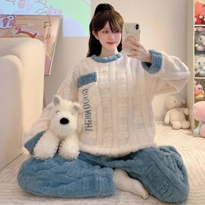 Korallfleece Pyjama Damen Cartoon Niedlich Winter Fleece Verdickt 2-teiliges Set Flanell Loungewear Pullover und Hose
