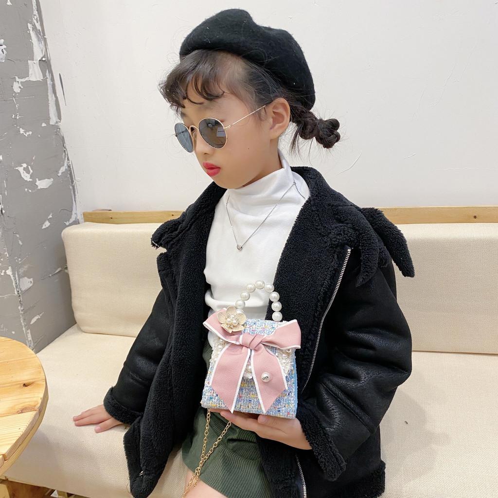 Adorable Pearl Mini Handbag For Kids Fashionable Winter Bow Decorated Coin Purse
