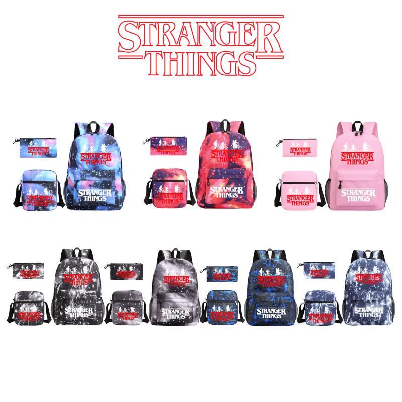 Stylish Stranger Things Canvas Backpack Set Includes Shoulder Bag And Pencil Case Perfect For Casual Travel