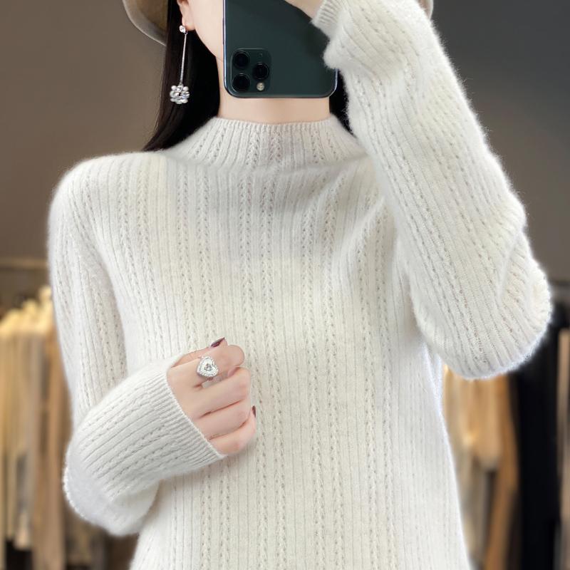 Damski sweter z półgolfem, kaszmir Qinghe, 30% kaszmiru, 70% wełny, zimowy sweter dzianinowy, jesienny sweter kaszmirowy