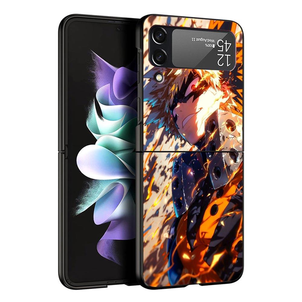 Bakugou Katsuki MHA My Hero Coque de téléphone noire Pour Samsung ZFlip7 ZFlip6 ZFlip5 ZFlip4 ZFlip3 5G Rigide Protectrice Galaxy Z Flip 3 4