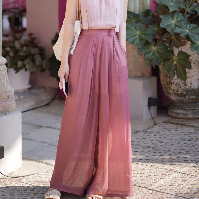 Women's Summer Pink Qipao Dress & Wide-Leg Pants Two-Piece Set