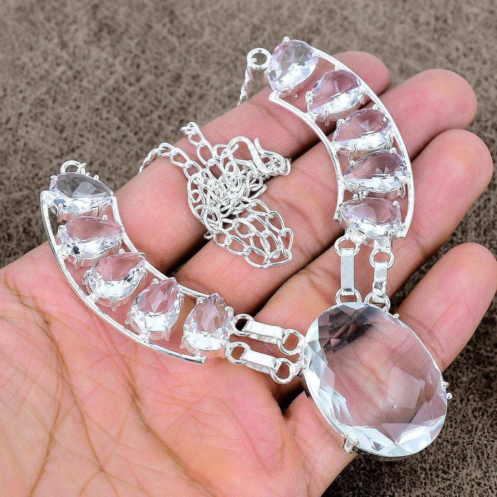 White Topaz Gemstone Handmade 925 Sterling Silver Jewelry Necklace 18" KKG-436