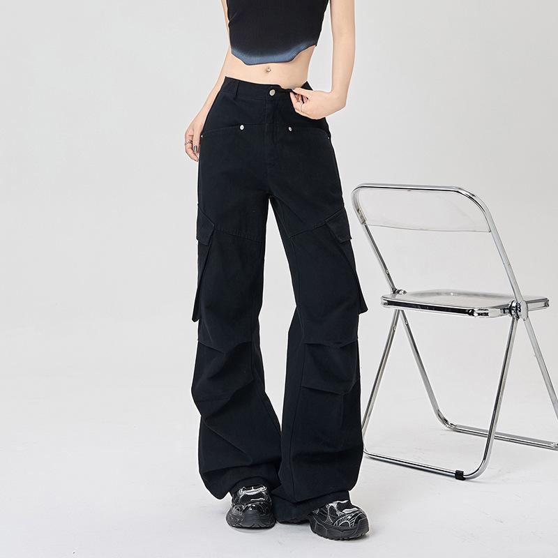 Women's Retro Multi-pocket Cargo Flare Pants - Cool, Loose Streetwear Pleated Style