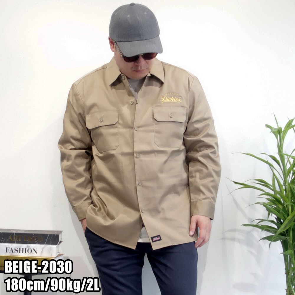 Men's Plus Size Dickies Work Shirt, Striped Hickory, Sizes 3L, 4L, 5L, XXL, XXXL, Charcoal, Khaki, Black, 10001298 (JP, Alphabet, 4L, BEIGE-2030)
