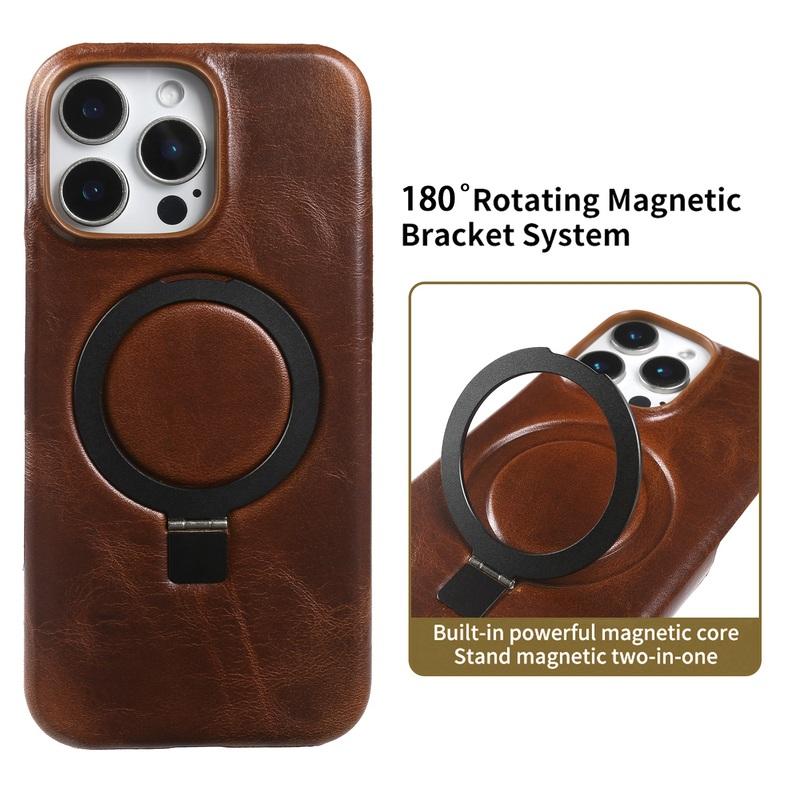 Foldable Bracket Stand Genuine Leather Phone Case For Iphone 16 Pro Max Iphone17 15 14 13 12 11 Kickstand Protective Back Shell