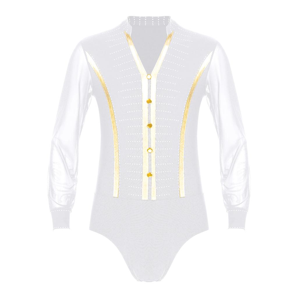 Pánské třpytivé taneční košile s kamínky Unitard taneční oblečení moderní latina s dlouhým rukávem