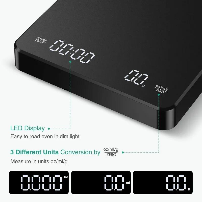 Professional Coffee Scale Digital 0.1g Precision Timer USB Rechargeable 3kg Max LED Screen for Espresso Kitchen Brewing