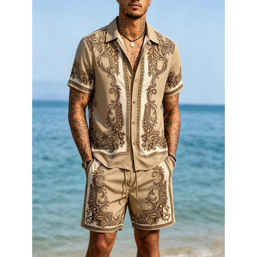 Men's New Summer Products, Light And Cool Short-sleeved Shorts Suit Natural Baroque 3D Printed Shirt, Casual Party Holiday Shirt