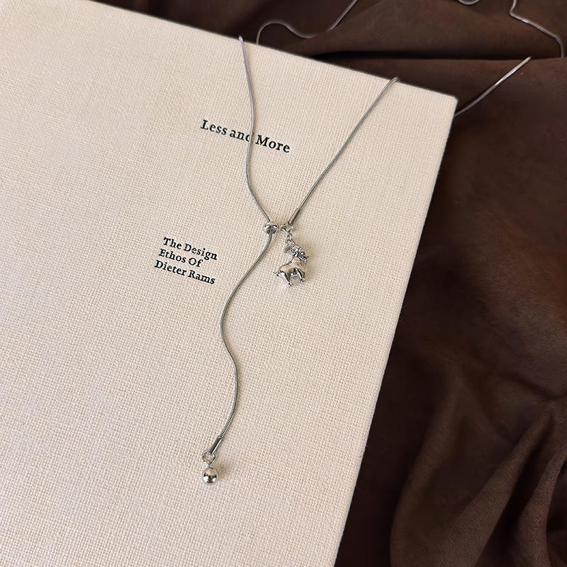 Silver Splicing Pull Asymmetric Sheep Pendant Necklace Long Sweater Chain Anti-Fade Trendy Jewelry for Music Festival Accessory