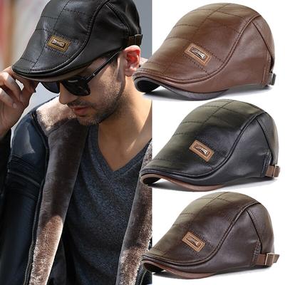 PU Leder Schiebermützen Herren Kappe Einfarbig Entenschnabel Schirm Schirmmütze Herbst Winter Warm Flache Vorwärtskappen Baskenmützen Gatsby Hüte Baskenmützen