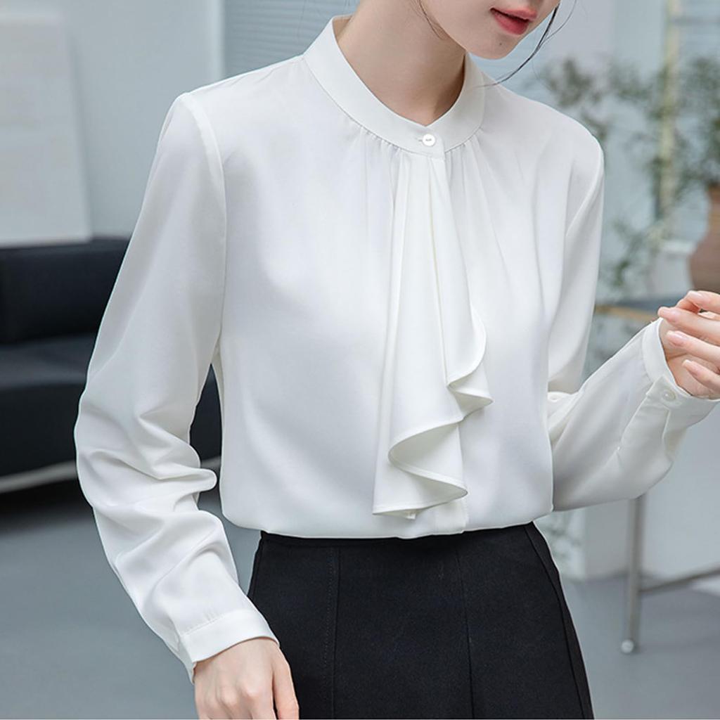 [SYitong] Women's Long-Sleeved Plain Blouse, Stylish, Washable, Collarless, White/Pink, Lined, Business/Office, Cute, Popular, Date, Outing, Commuting