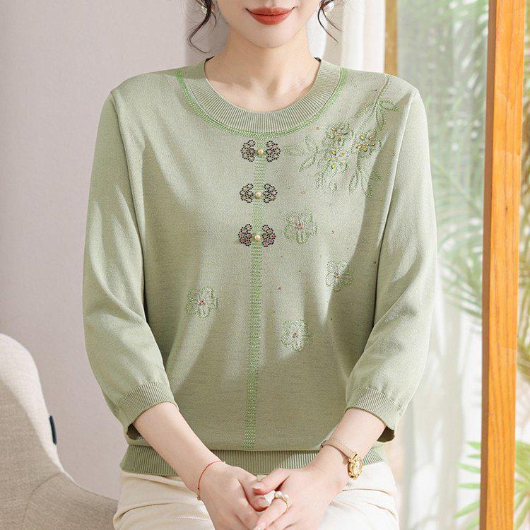 Chic Plus Size Round Neck Sweater for Middle-Aged Women - Comfortable 3/4 Sleeve Knitwear