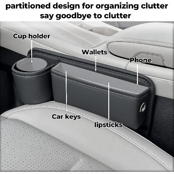 2-Pack Car Seat Gap Filler Organizer With Cup Holder - Premium Leather - Universal Fit - Keeps Cans/Phone/Keys/Wallets Organized(Black)