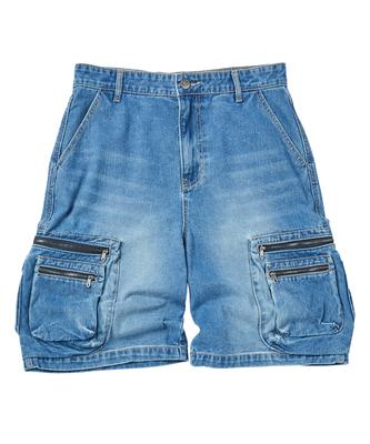 TRAVEL Washed Denim Multi-Pocket Shorts Blue