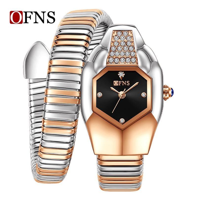 

Gold Fashion Snake Quartz Watch Women Luxury Stainless Steel Watch Iced Diamonds Waterproof Watch Creative Clock чорний/золотий