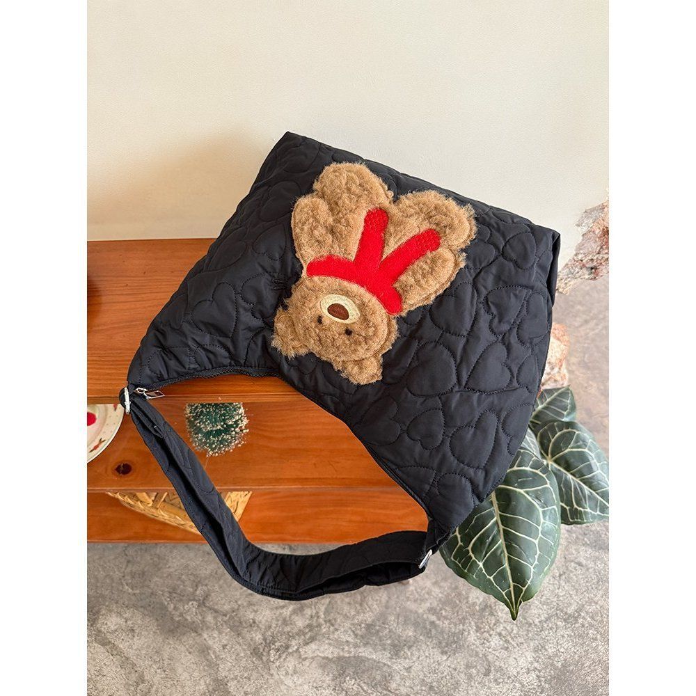 

Japanese cute puppy embroidered cotton bag 2025 autumn and winter new large-capacity commuter tote bag niche messenger bag