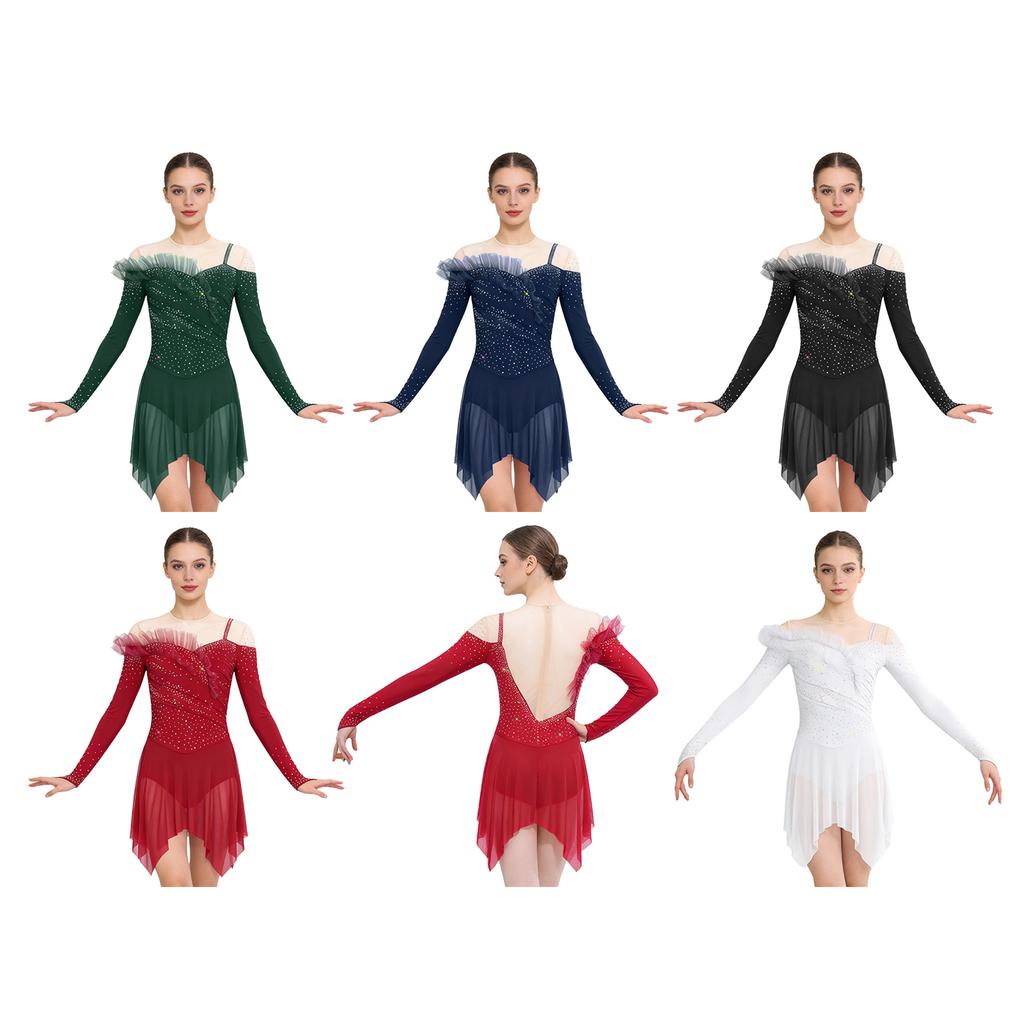 Womens Long Sleeve Bodysuit Dress Rhinestones Sheer Mesh Hem Buttoned Crotch Latin Dance Wear