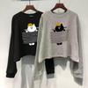 Women's Stylish Long Sleeve Cartoon Cat Cotton T-Shirt - Casual Loose Fit