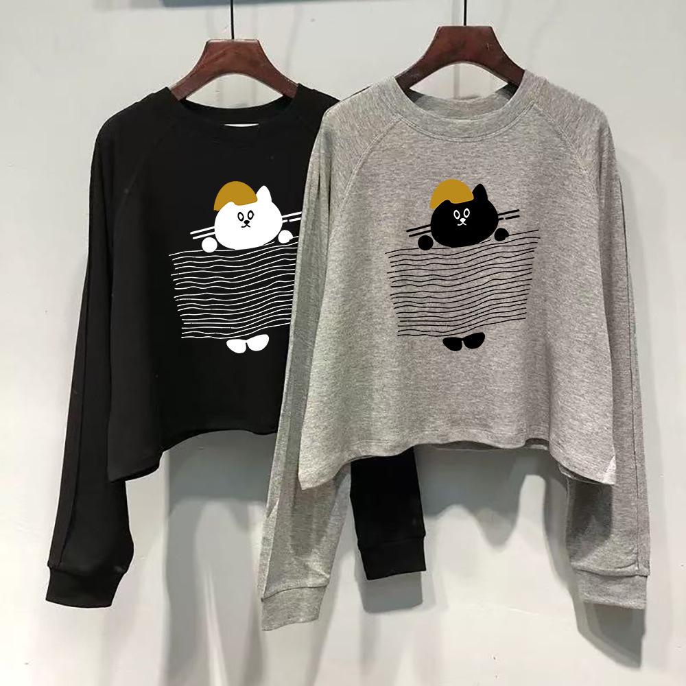 Women's Stylish Long Sleeve Cartoon Cat Cotton T-Shirt - Casual Loose Fit