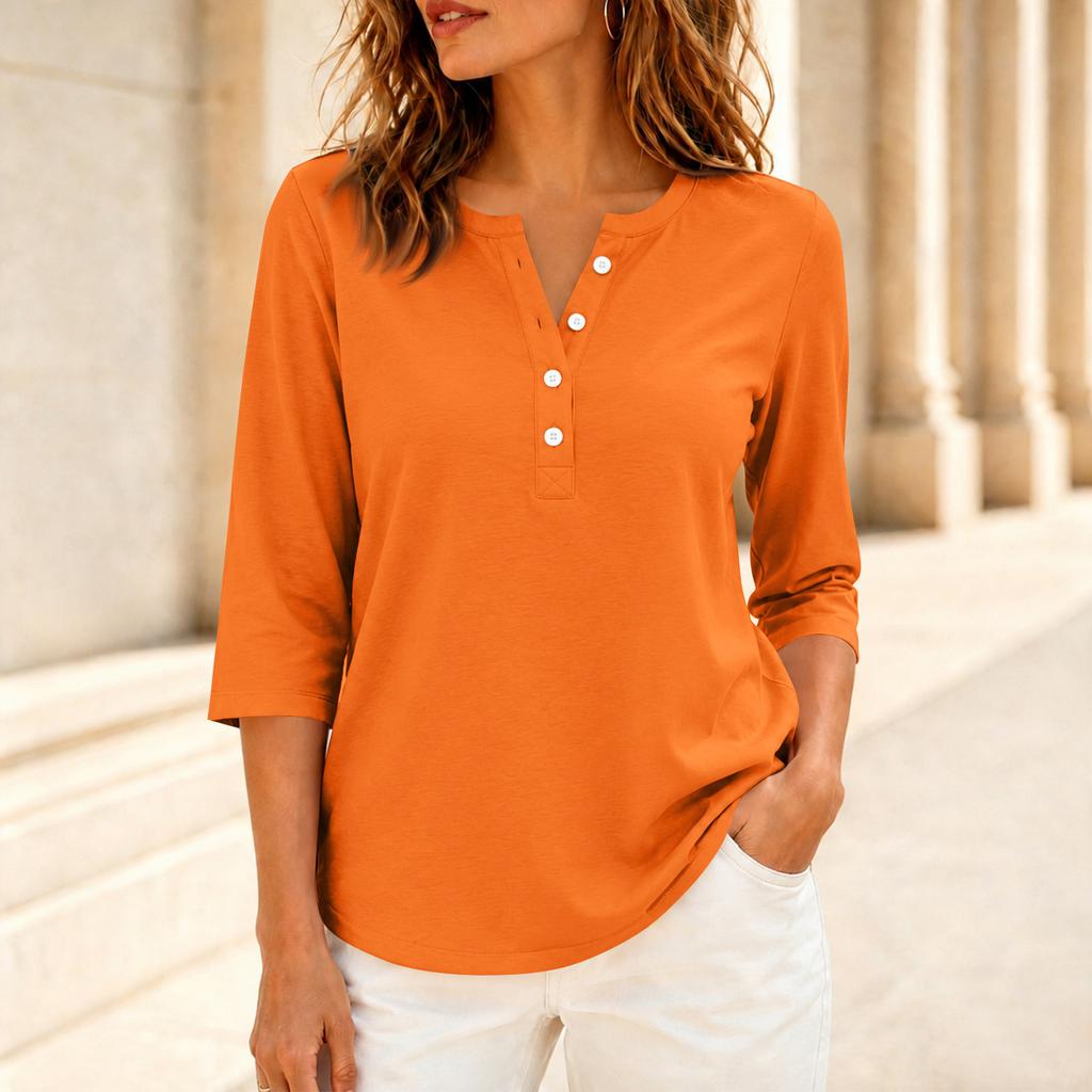 Women's Casual Color V-Neck Three-Quarter Sleeve Button T-Shirt Top