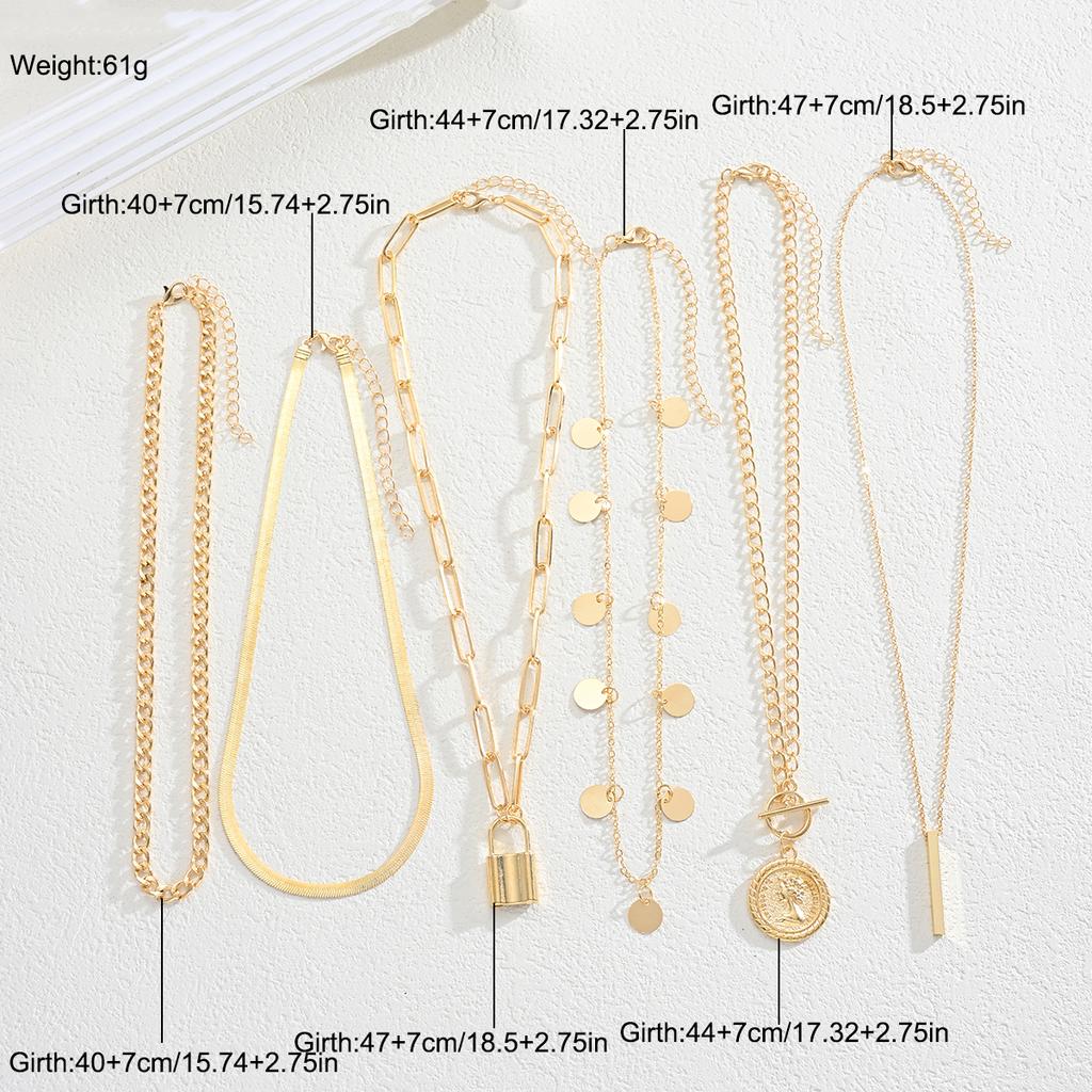6pcs/3pcs Vintage Elegant Fashion Multi-Element Portrait Coin Cross Lock OT Buckle Pendant Hollow Chain Layered Necklace Set New