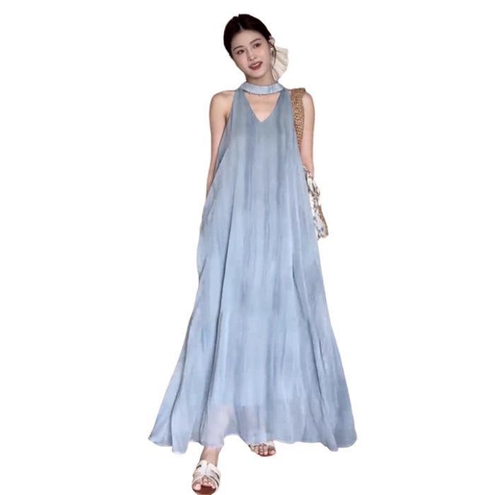 Seaside vacation blue sleeveless neck sling dress children s summer new popular beautiful long dress S