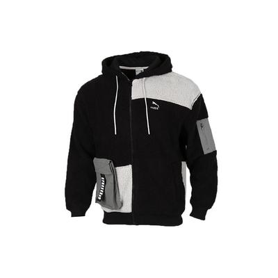 Retro Blok Sherpa Volledige Rits Met Capuchon Kleurblok Fleece Jas Heren Jassen Zwart Grijs 530711-01