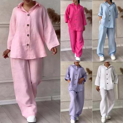 Summer New Women's Plus Size 2-Piece Set Cotton Linen Shirt + High Waist Loose Long Pants Outfit