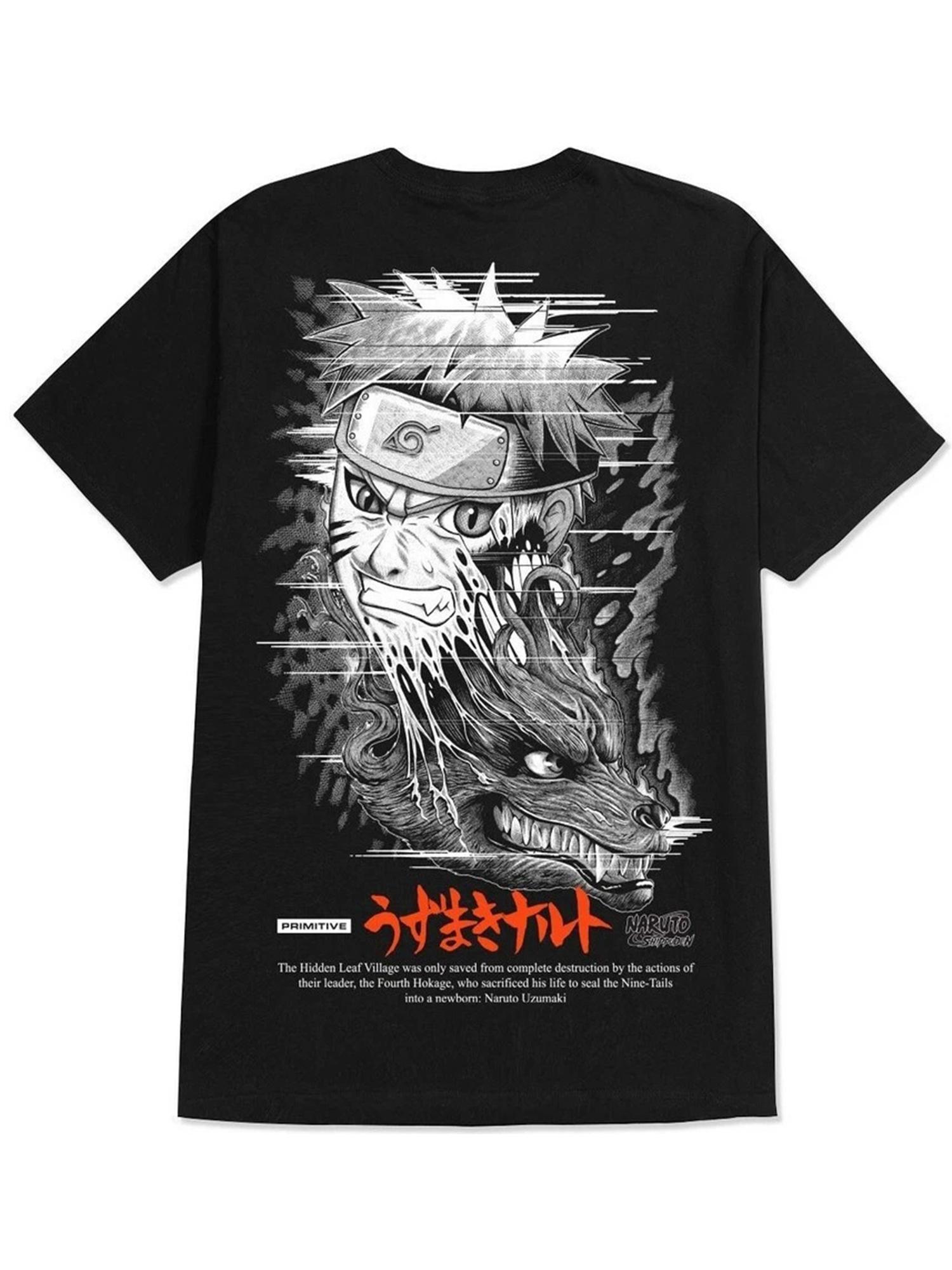 

Black and White Manga Style Naruto 9tail Fusion Tshirt with Anime Pattern Printed Short Sleeved Fashion Trend Pure Cotton Top 4XL