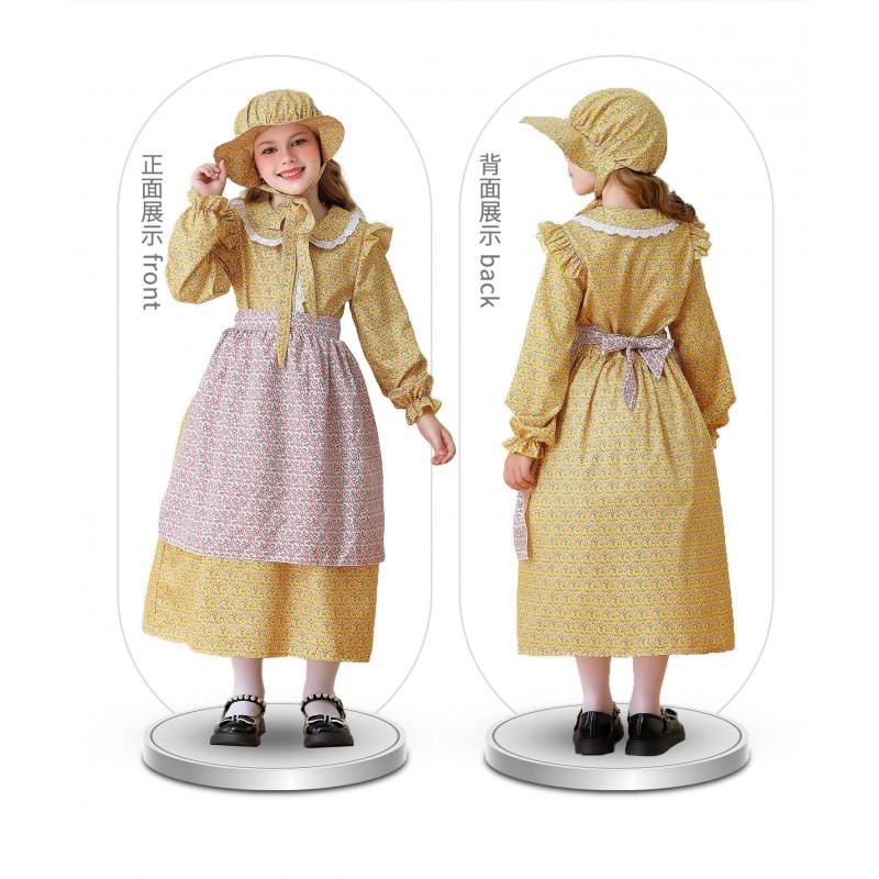 Girls Vintage Prairie Pioneer Costume Dress With Lace Bow Apron Role Play Performance