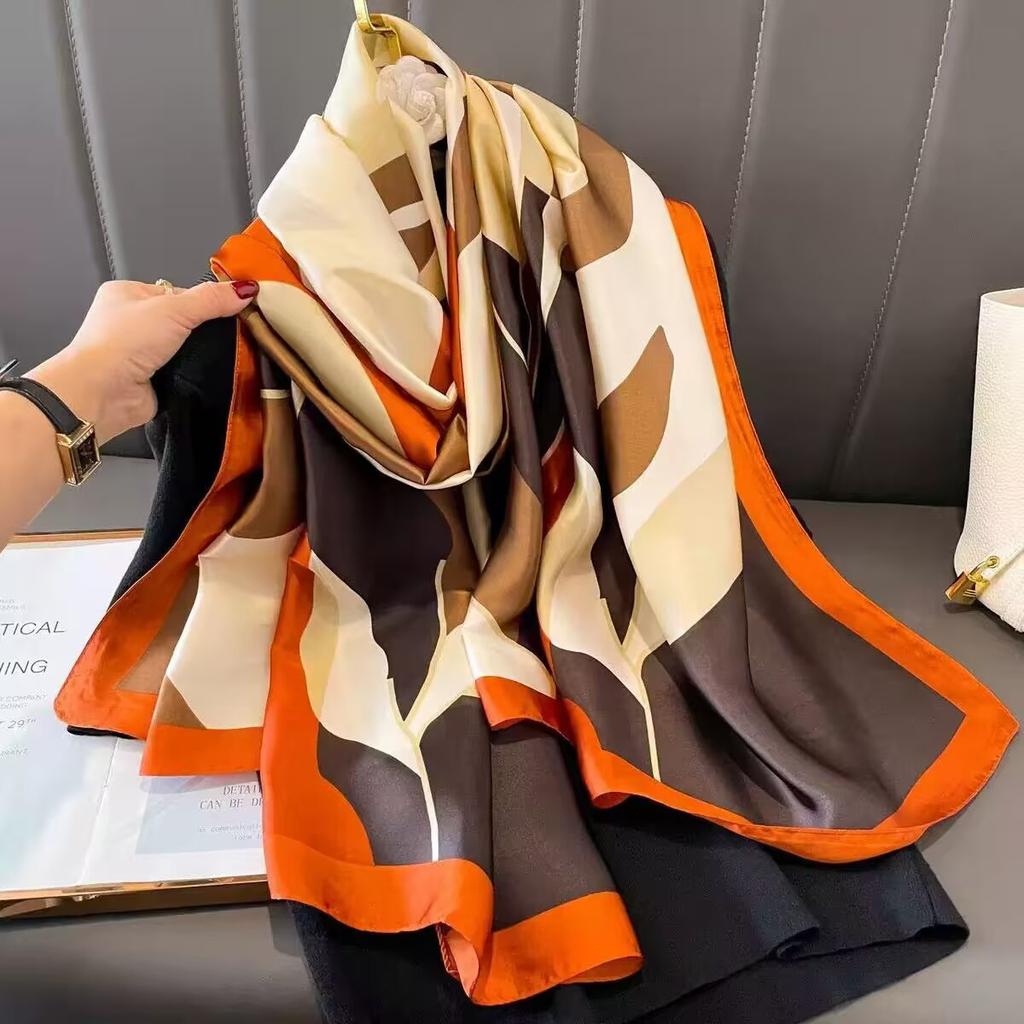 Classic versatile silk scarf women's spring and autumn summer thin mulberry silk scarf long beige plaid shawl dual-purpose