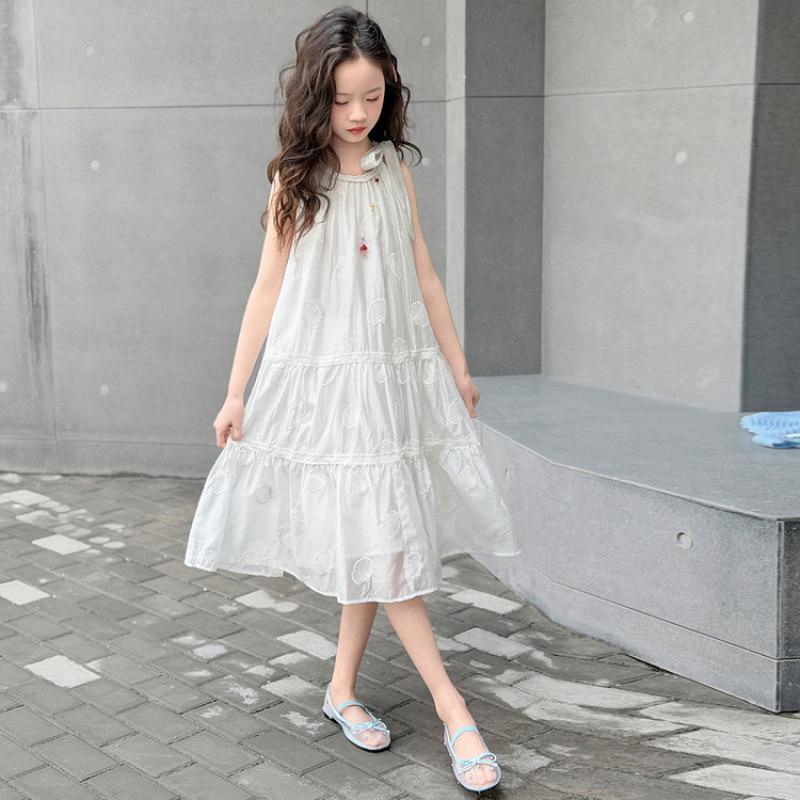 Girls' White Halter Neck Quick-Dry Summer Dress - Sleeveless, Stylish, Mid-Length, Princess Sweet Style
